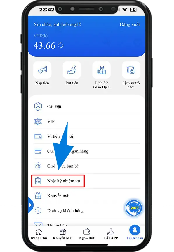 Bước 2 : Chọn mục Nhật Ký Nhiệm Vụ